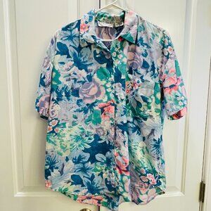 EUC Vintage '90's Tangibles Floral Blouse, Blue-Green-Pink, 100% Cotton, Sz S